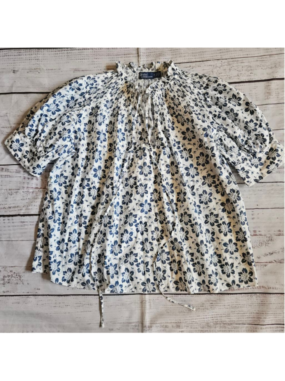 Polo Ralph Lauren Floral Cotton Top Peasant Smocked Blue White Puff Womens 6